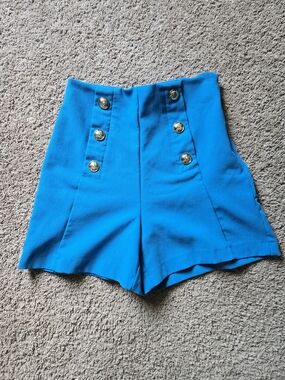 Zara High Waisted Sailor Shorts Gold Buttons Blue XS
